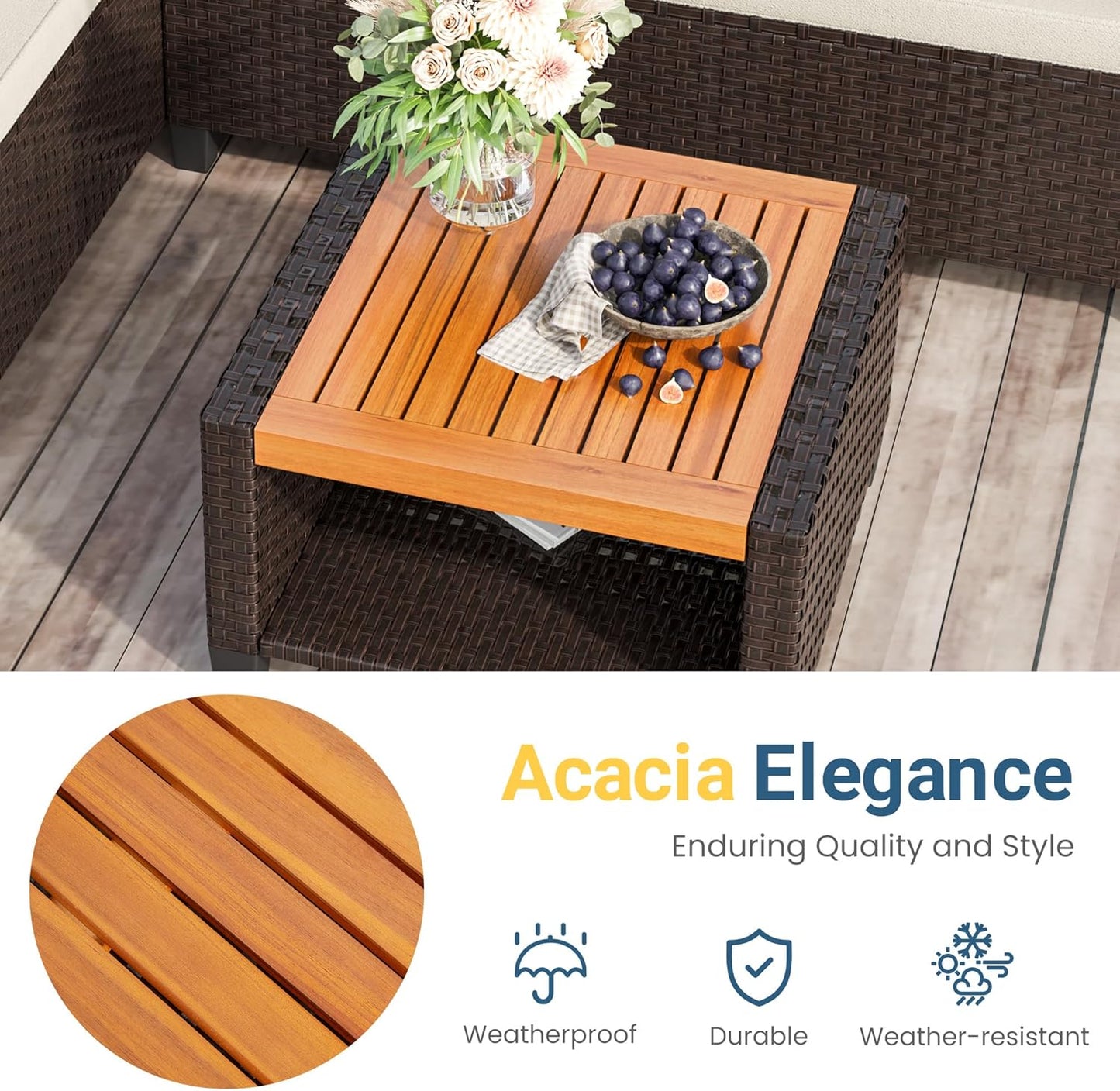 RoyalCraft 3-Piece Outdoor Patio Furniture Set, PE Wicker L-Shaped Sectional with Storage Table and Cushions, Small Rattan Conversation Set for Balcony Garden Deck