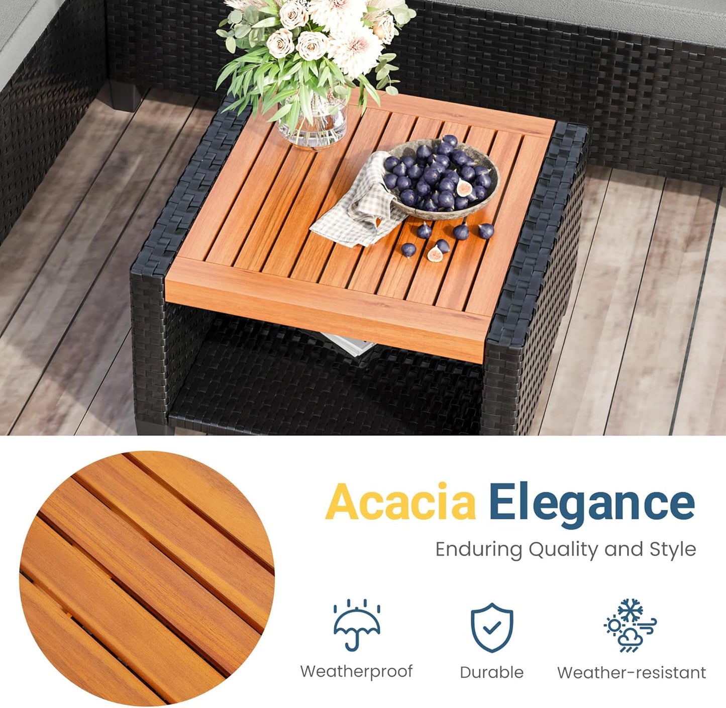 RoyalCraft 3-Piece Outdoor Patio Furniture Set, PE Wicker L-Shaped Sectional with Storage Table and Cushions, Small Rattan Conversation Set for Balcony Garden Deck