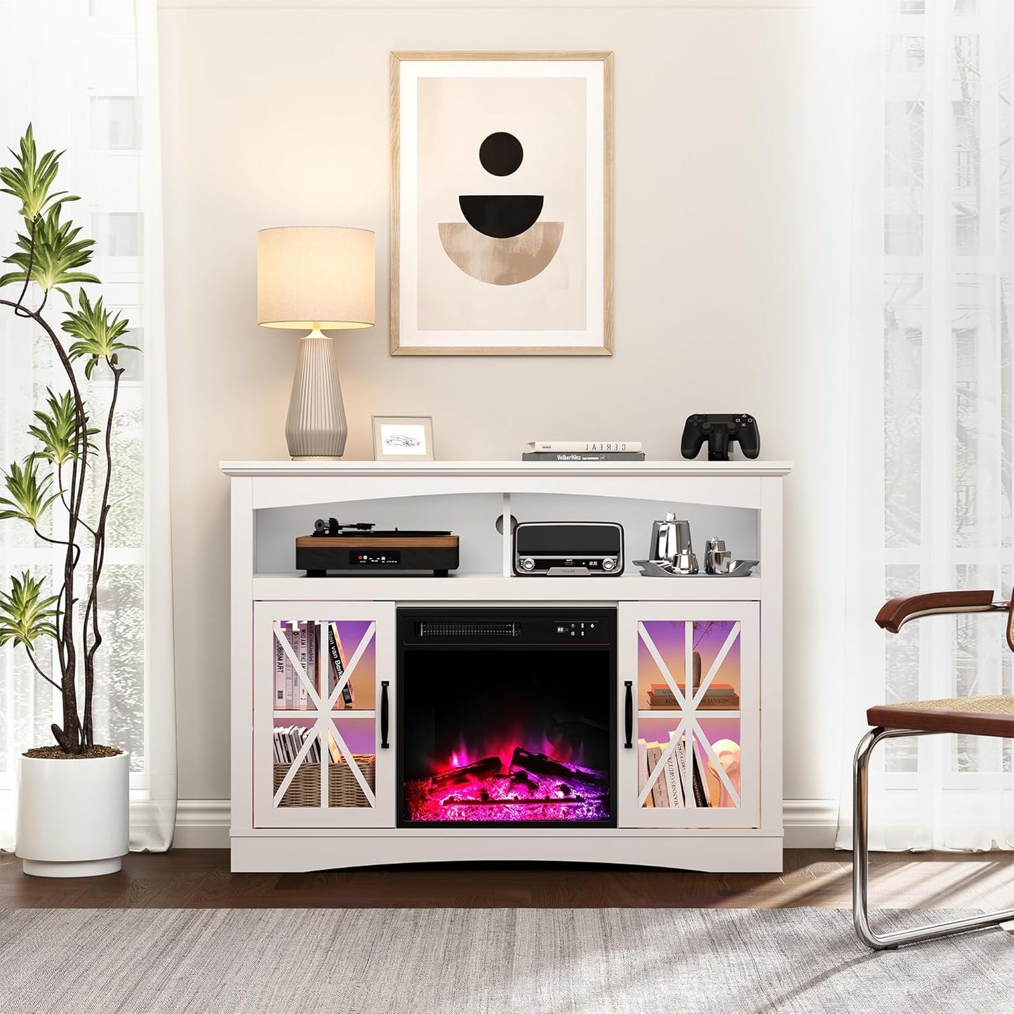 Royalcraft 47'' Farmhouse TV Stand with Fire Place, Retro TV Console with Glass Doors, Media Entertainment Center with Adjustable Shelves for 18'' Fireplace, Suitable for Living Room