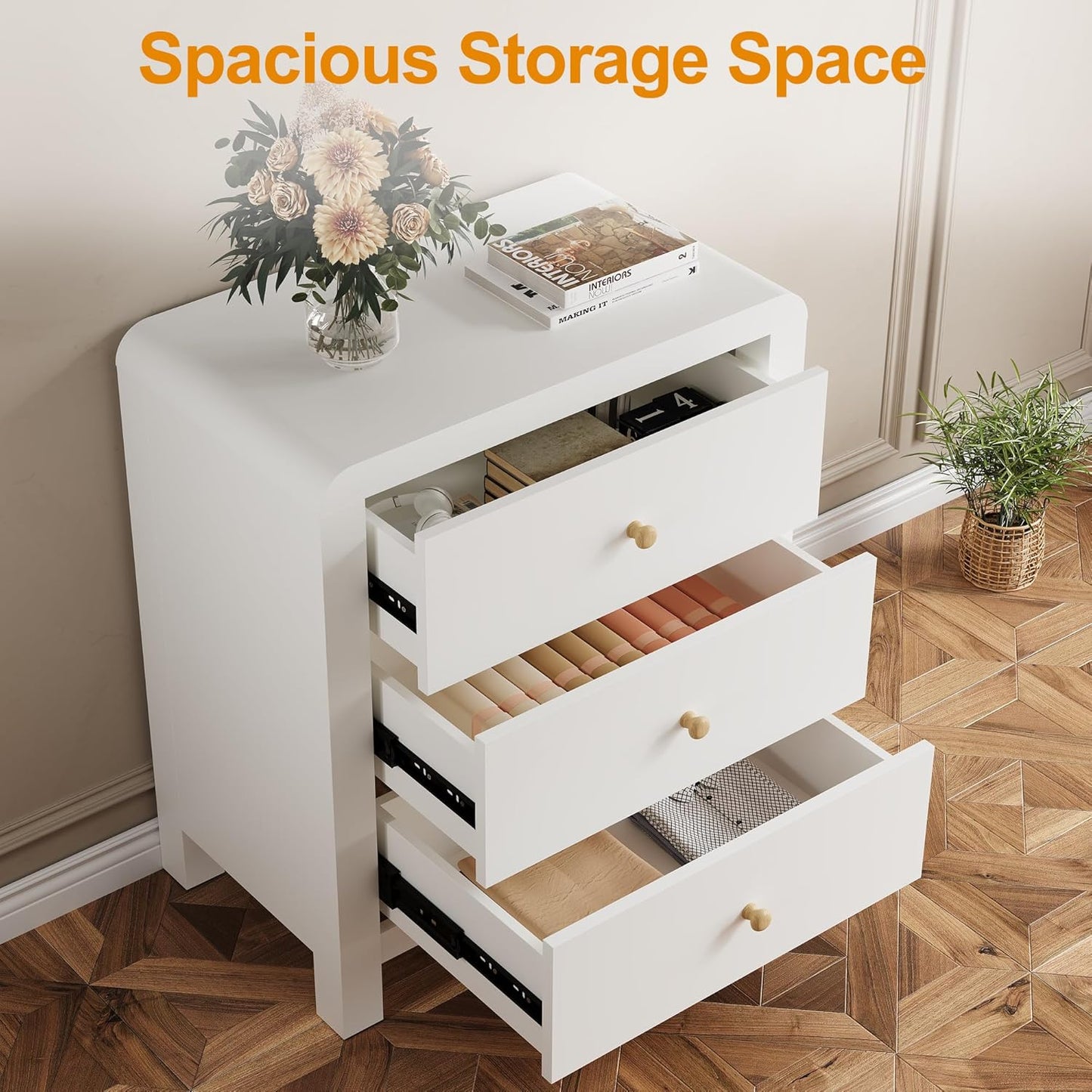 Royalcraft 3 Drawer Dresser, Modern Chest of Drawers with Rounded Table Corners, Wooden Closet Dresser Nightstand Side Table with Ample Storage Space for Bedroom, Living Room, Entryway, Natural Wood