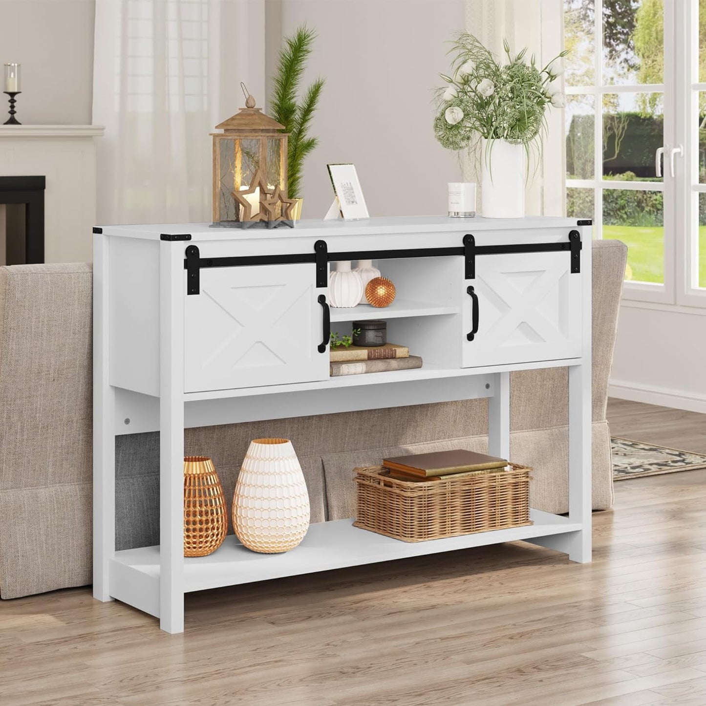 Royalcraft Entryway Table with Storage, 46" Modern Farmhouse Console Table with Sliding Barn Door, Wood Rustic Sofa Table with Adjustable Shelf for Hallway, Living Room, Foyer, White and Rustic Oak