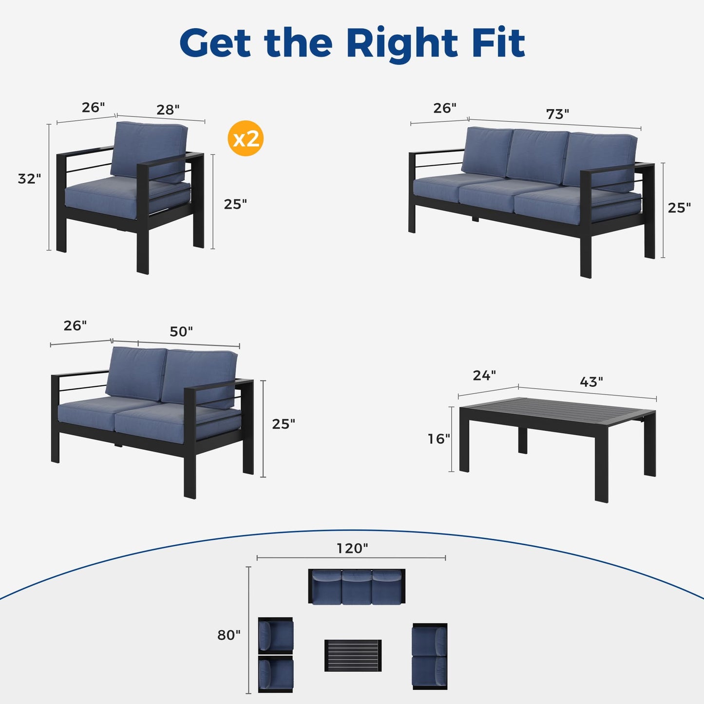 RoyalCraft Aluminum Outdoor Patio Furniture Set, Modern Patio Conversation Sets, Outdoor Sectional Metal Sofa with 5 Inch Cushion and Coffee Table for Balcony, Garden, Blue