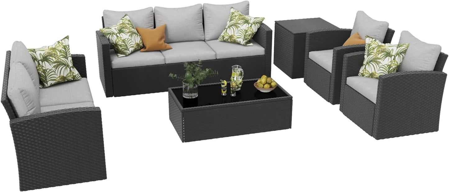 Royalcraft 9 Pieces Patio Furniture Set, All Weather PE Wicker Rattan Outdoor Sectional Sofa with Coffee Table and Navy Blue Cushion, Outdoor Furniture for Lawn Backyard Poolside Porch