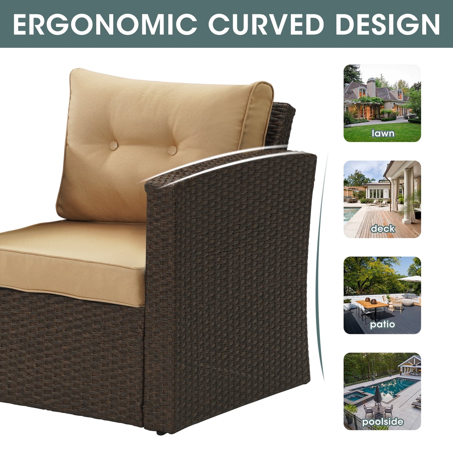 Royalcraft 7-Piece Patio Furniture with Waterproof Outdoor Coffee Table, Lightweight Aluminum Frame, Ergonomic Design, All-Weather Wicker Rattan, Non-Slip Cushions, Brown Wicker and Beige Cushion