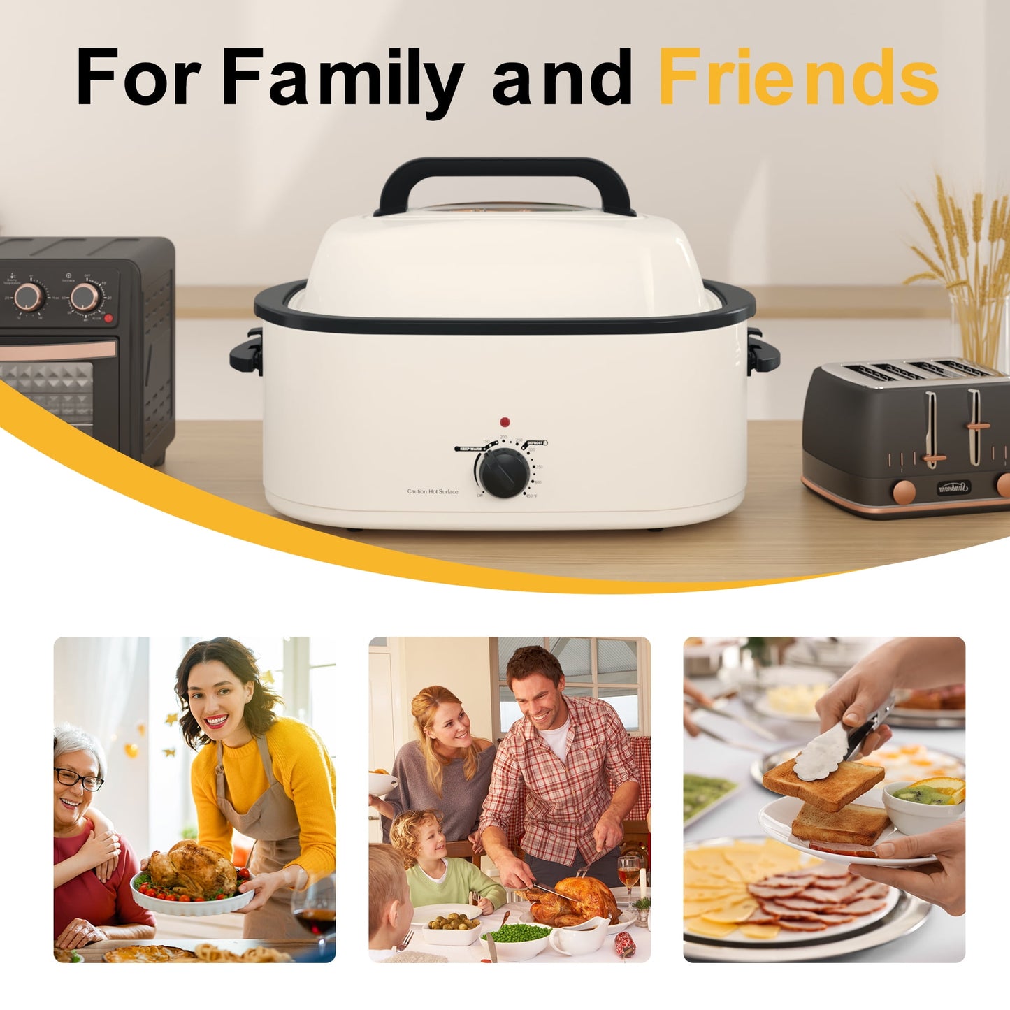 RoyalCraft 24 Quart Electric Roaster Oven with Visible & Self-Basting Lid, Stainless Steel, White