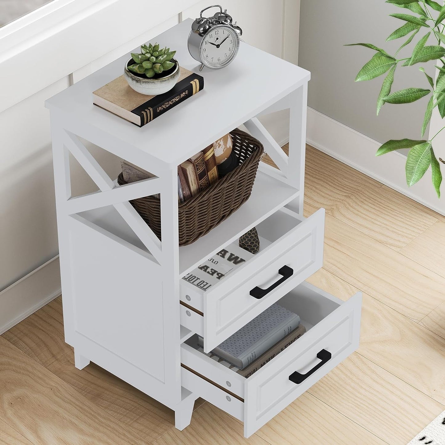 White Nightstand, Farmhouse Side Table with Storage Drawers and Open Shelf, Wooden Rustic End Table for Bedroom, Living Room
