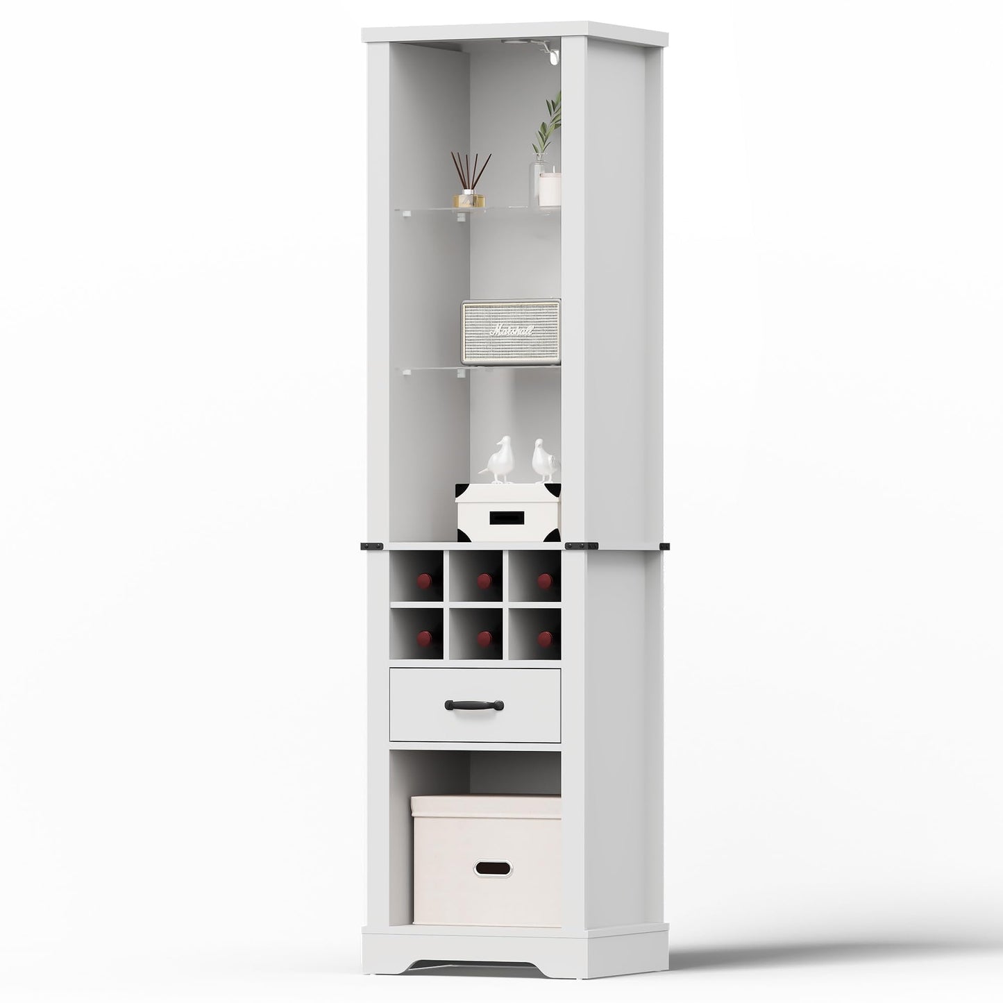 Royalcraft 75'' Tall Storage Cabinet with LED Light, Farmhouse Pantry Cabinet with Tempered Glass Adjustable Shelves & Wine Storage Rack, Freestanding Linen Tower for Bathroom, Living Room,White