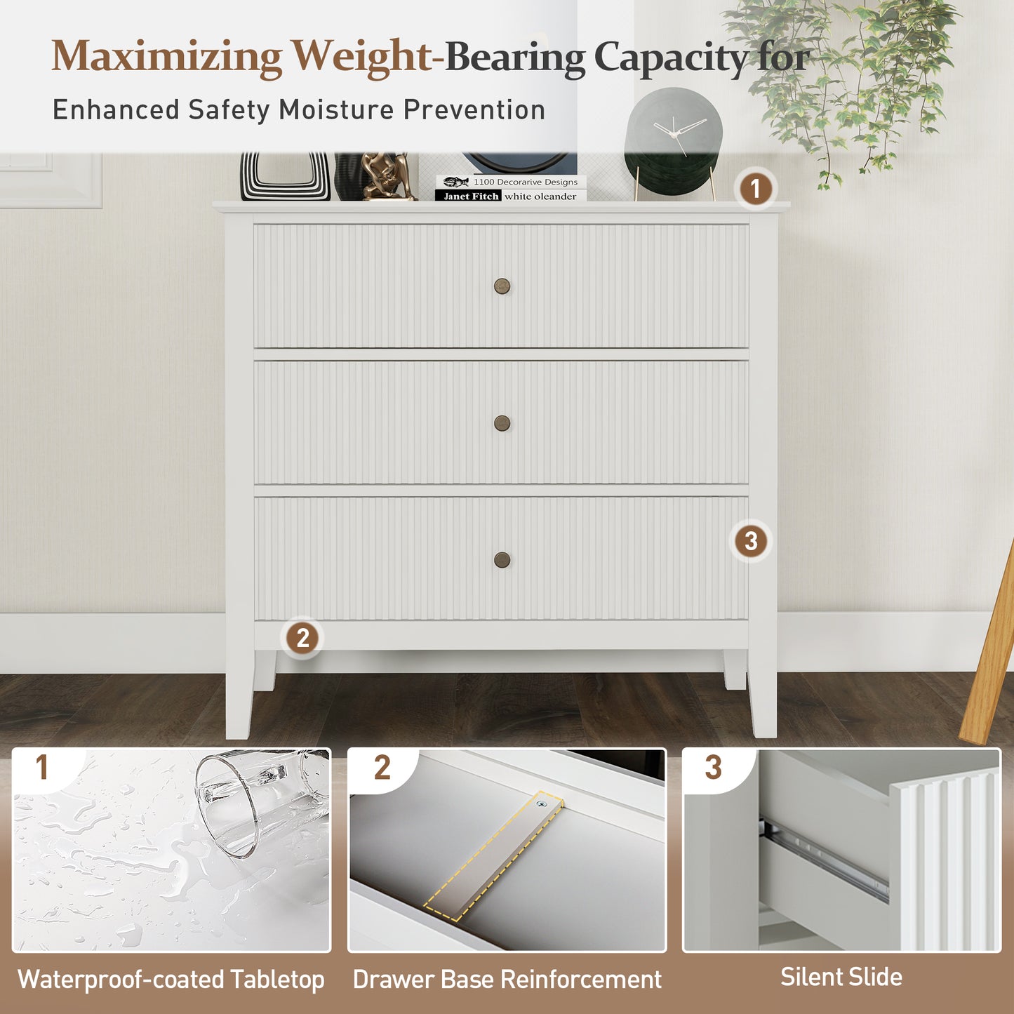 Royalcraft Large Dresser for Bedroom, Modern 3 Drawer Dresser with Silent Slide Drawers, White Chest of Drawers, Wooden Storage Closet Organizer, Small Dresser for Living Room, Nursery, Hallway