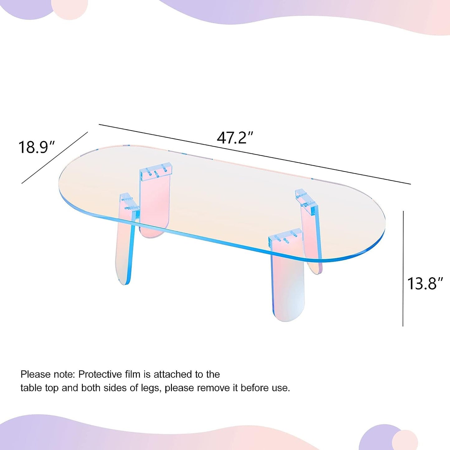 Royalcraft Acrylic Coffee Table, 47.2¡± Large Iridescent Table with PVC Mat, Modern Lucite Coffee Table for Living Room Office Shop Decor, Oval Coffee Table