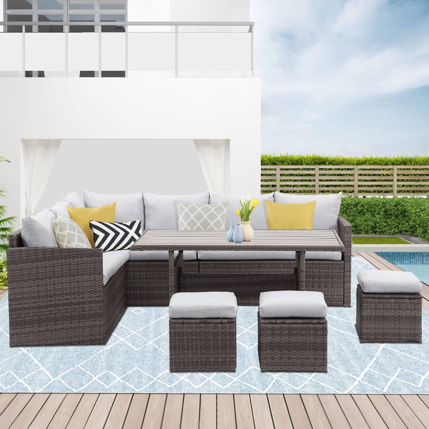 Royalcarft 7 Pcs Outdoor Conversation Set All Weather Wicker Sectional Sofa Set Dining Table Chair and Ottoman,Steel Frame,Gray