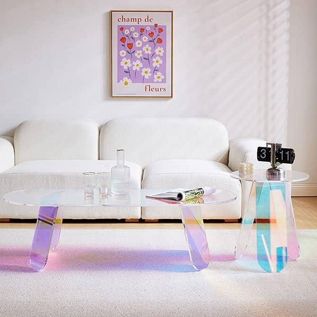 Royalcraft Acrylic Coffee Table, 47.2¡± Large Iridescent Table with PVC Mat, Modern Lucite Coffee Table for Living Room Office Shop Decor, Oval Coffee Table