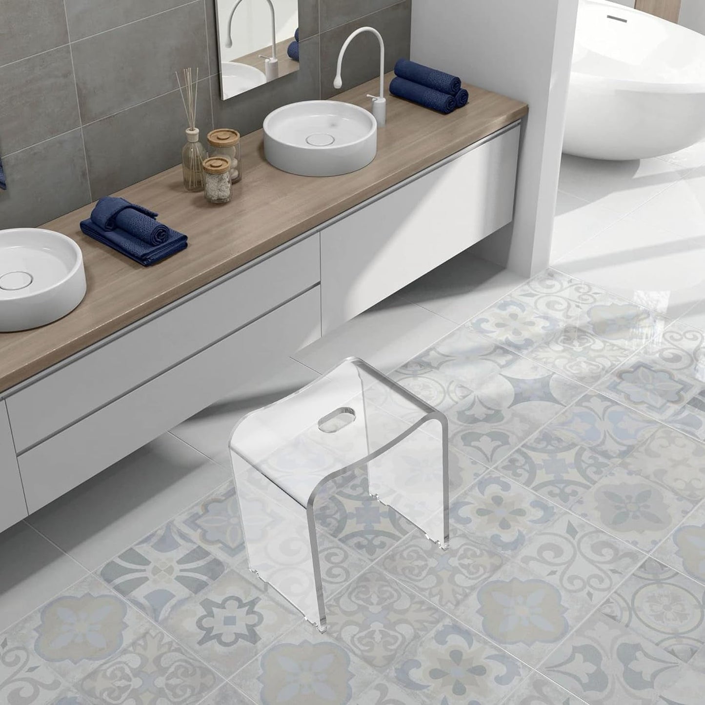 CozyHom Acrylic Shower Stool, Modern Shower Bench with Curved Seat & Water Leaking Hole, Shower Stool for Inside Shower with Anti-Skip Feet & 300LBS Weight Capacity