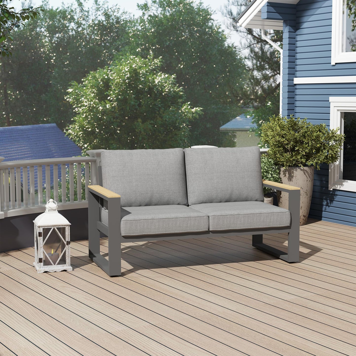 CozyHome Aluminum Outdoor Loveseat, All-Weather Metal Patio Furniture Sofa, Patio Sofa Chair for Porch Backyard Garden, Grey