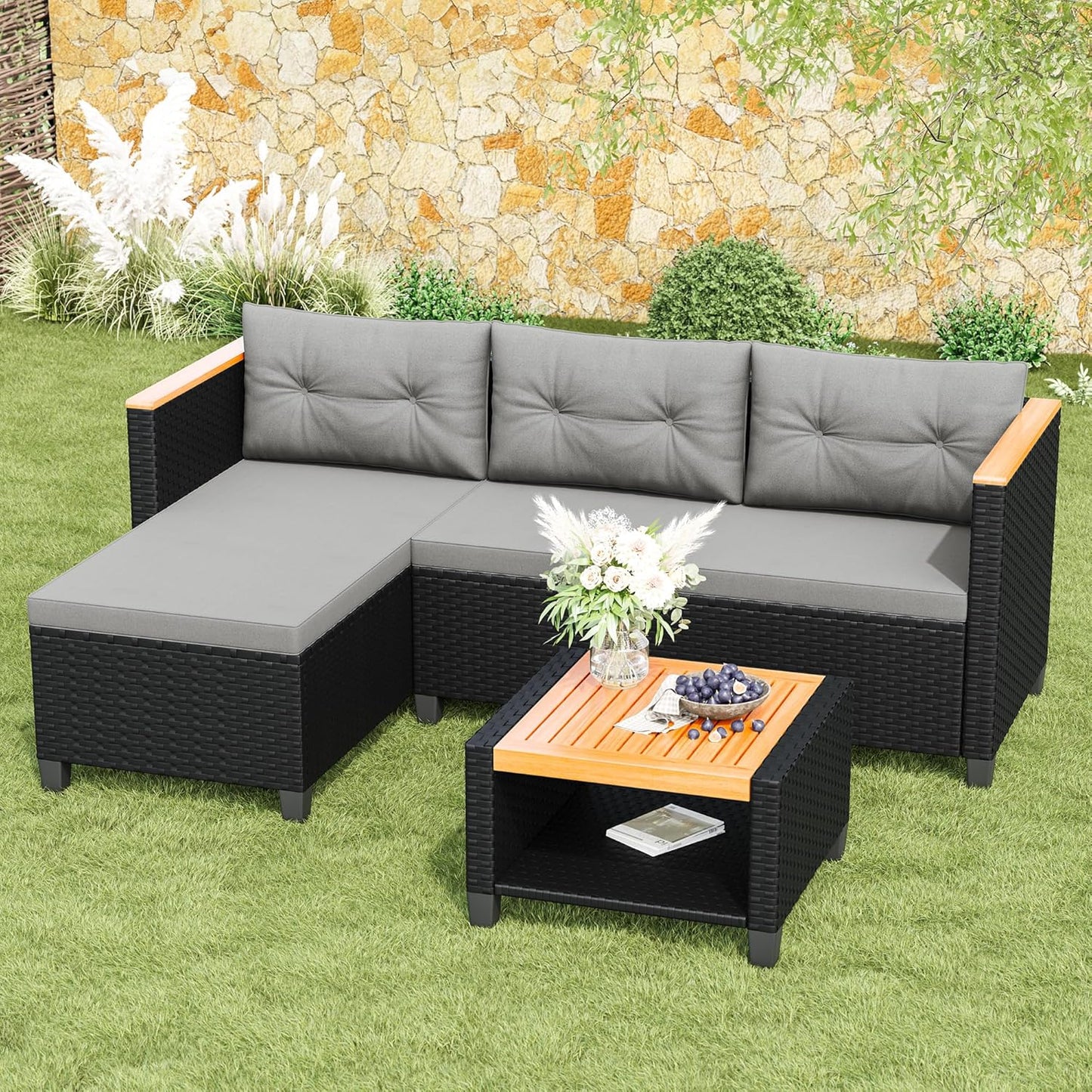 RoyalCraft 3-Piece Outdoor Patio Furniture Set, PE Wicker L-Shaped Sectional with Storage Table and Cushions, Small Rattan Conversation Set for Balcony Garden Deck