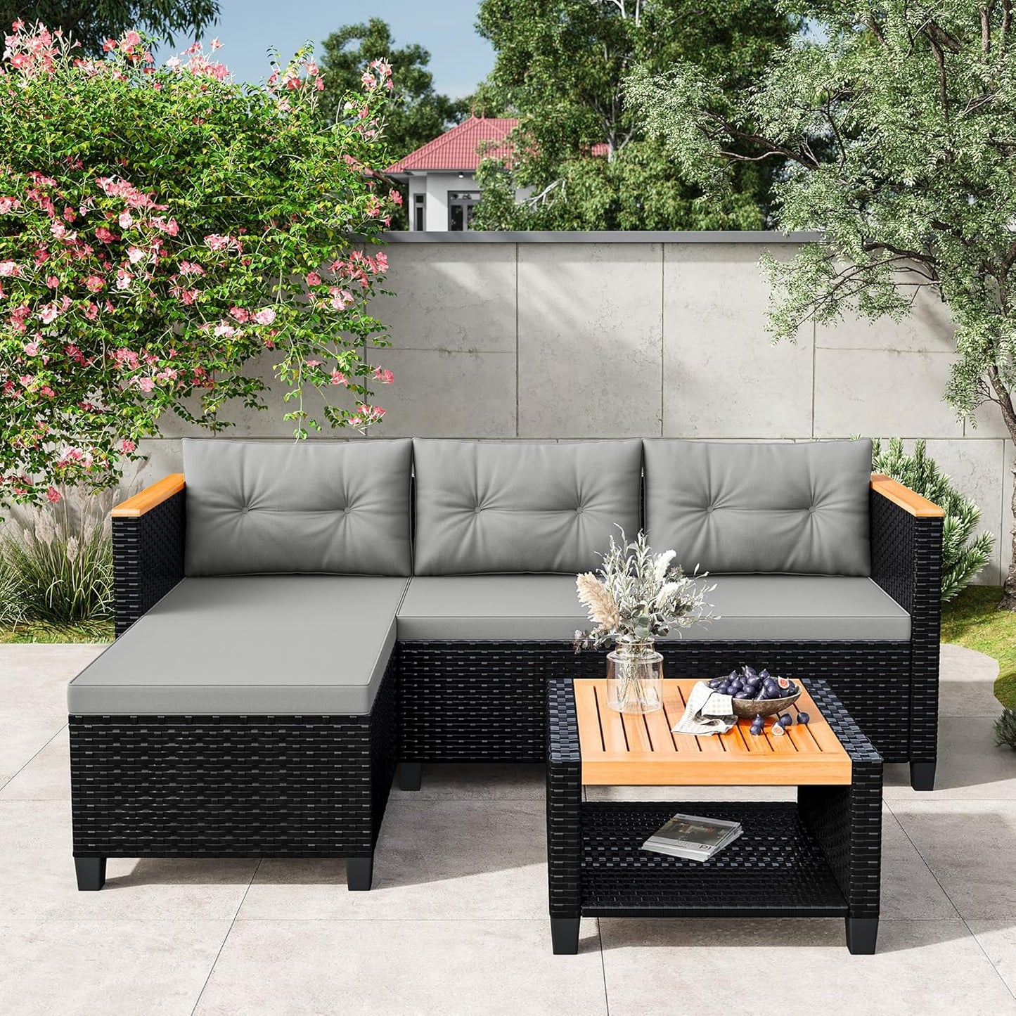 RoyalCraft 3-Piece Outdoor Patio Furniture Set, PE Wicker L-Shaped Sectional with Storage Table and Cushions, Small Rattan Conversation Set for Balcony Garden Deck