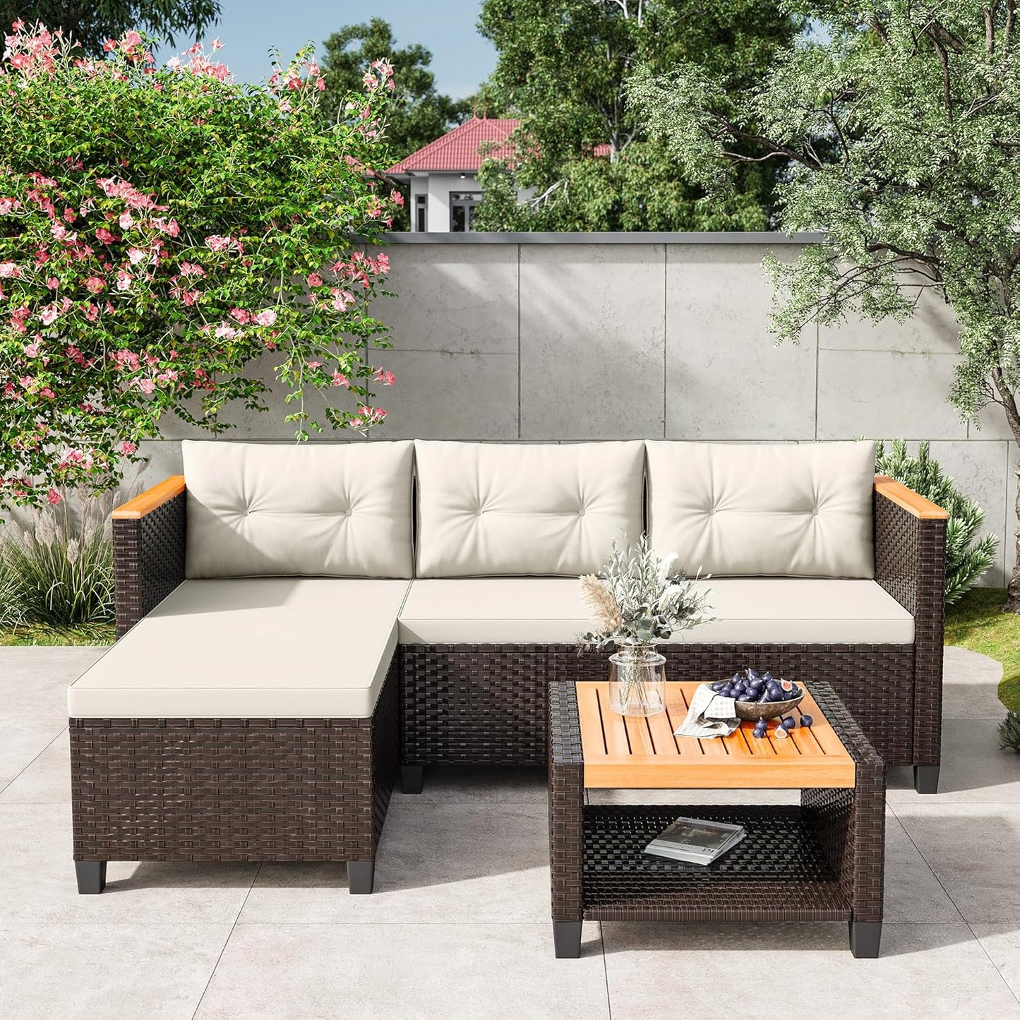 RoyalCraft 3-Piece Outdoor Patio Furniture Set, PE Wicker L-Shaped Sectional with Storage Table and Cushions, Small Rattan Conversation Set for Balcony Garden Deck