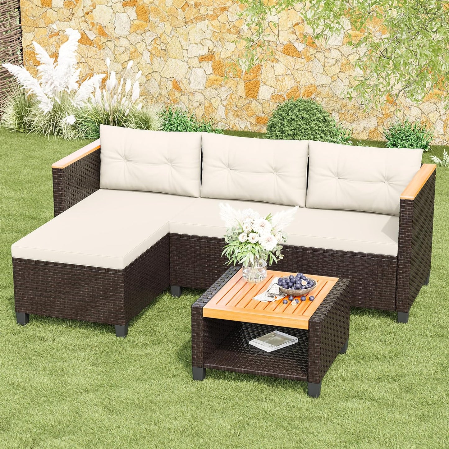 RoyalCraft 3-Piece Outdoor Patio Furniture Set, PE Wicker L-Shaped Sectional with Storage Table and Cushions, Small Rattan Conversation Set for Balcony Garden Deck