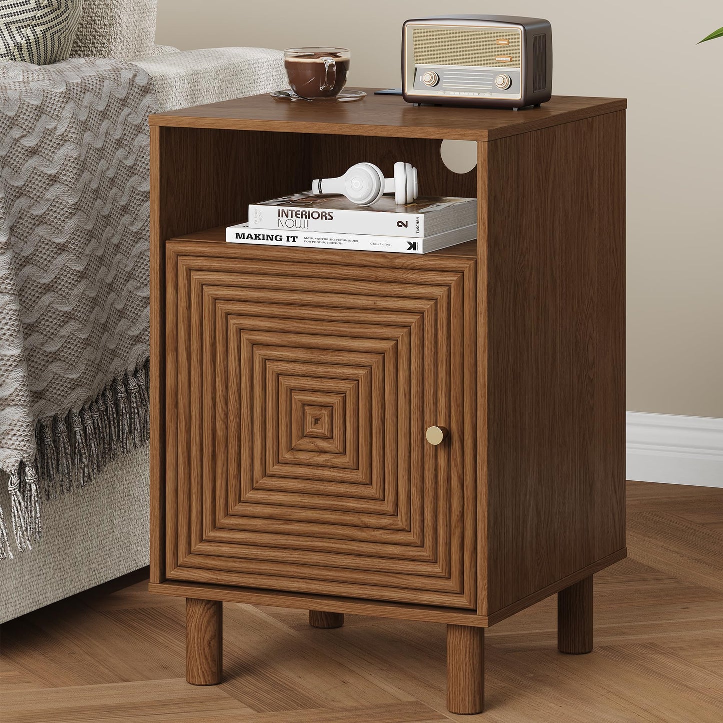 Royalcraft Nightstand with 1 Door, Modern Side Table with Charging Station, Accent End Table with Solid Wood Legs, Bedside Table for Living Room, Bedroom, Entryway