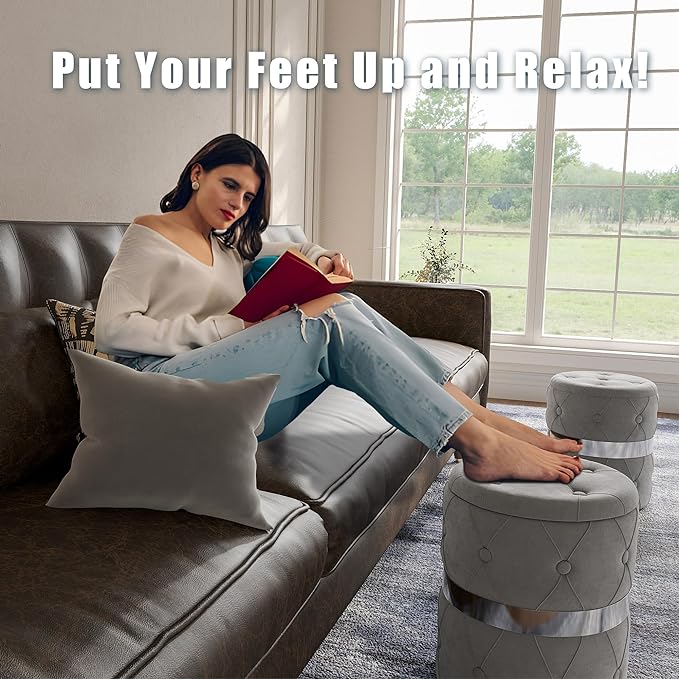 RoyalCraft Storage Ottoman Set of 2, Versatile Footrest Stool with Stainless Steel Base, Modern Round Vanity Stool Chair Foot Stools, Support 200lbs Padded Seat, for Living Room, Bedroom