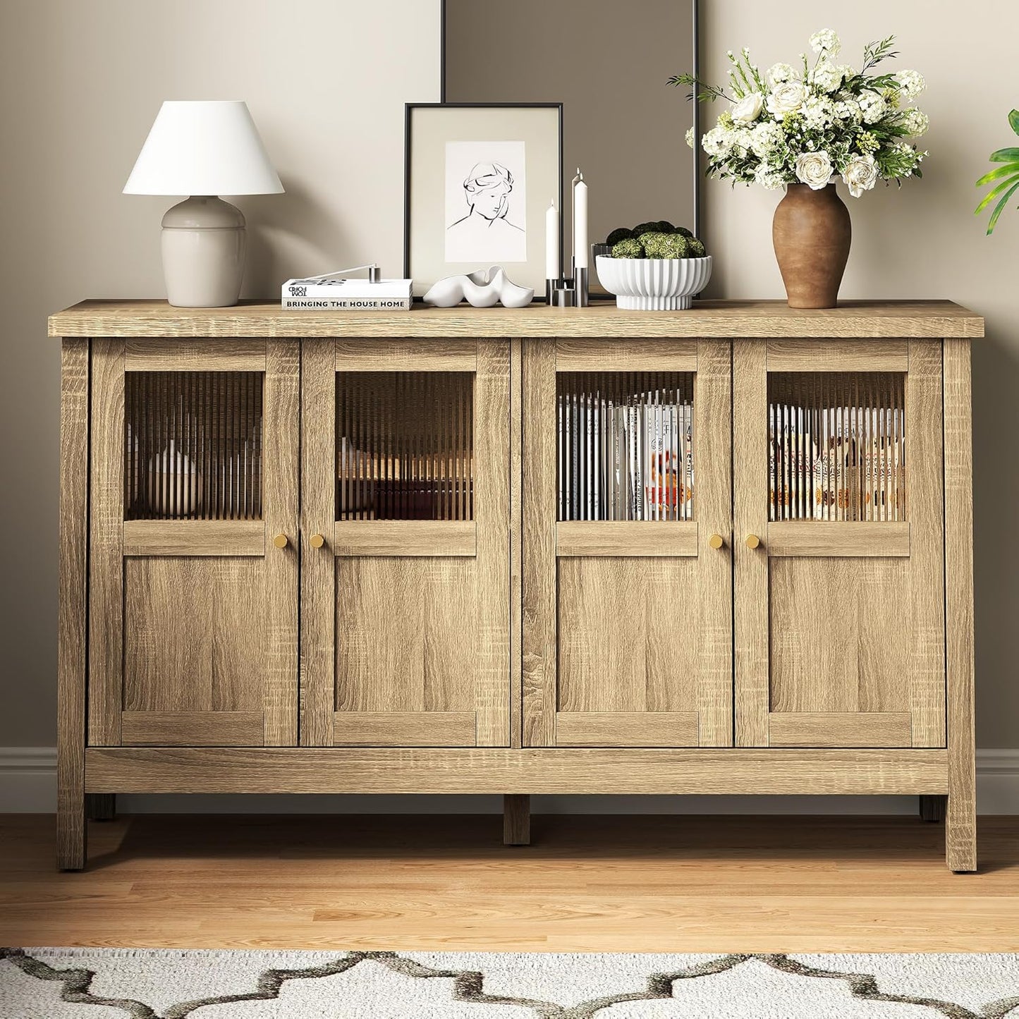 RoyalCraft Sideboard Buffet Cabinet with Storage, 55'' Storage Cabinet with Acrylic Accents, Accent Cabinet with Adjustable Shelves, Wood Credenza for Living Room, Dining Room, Entryway