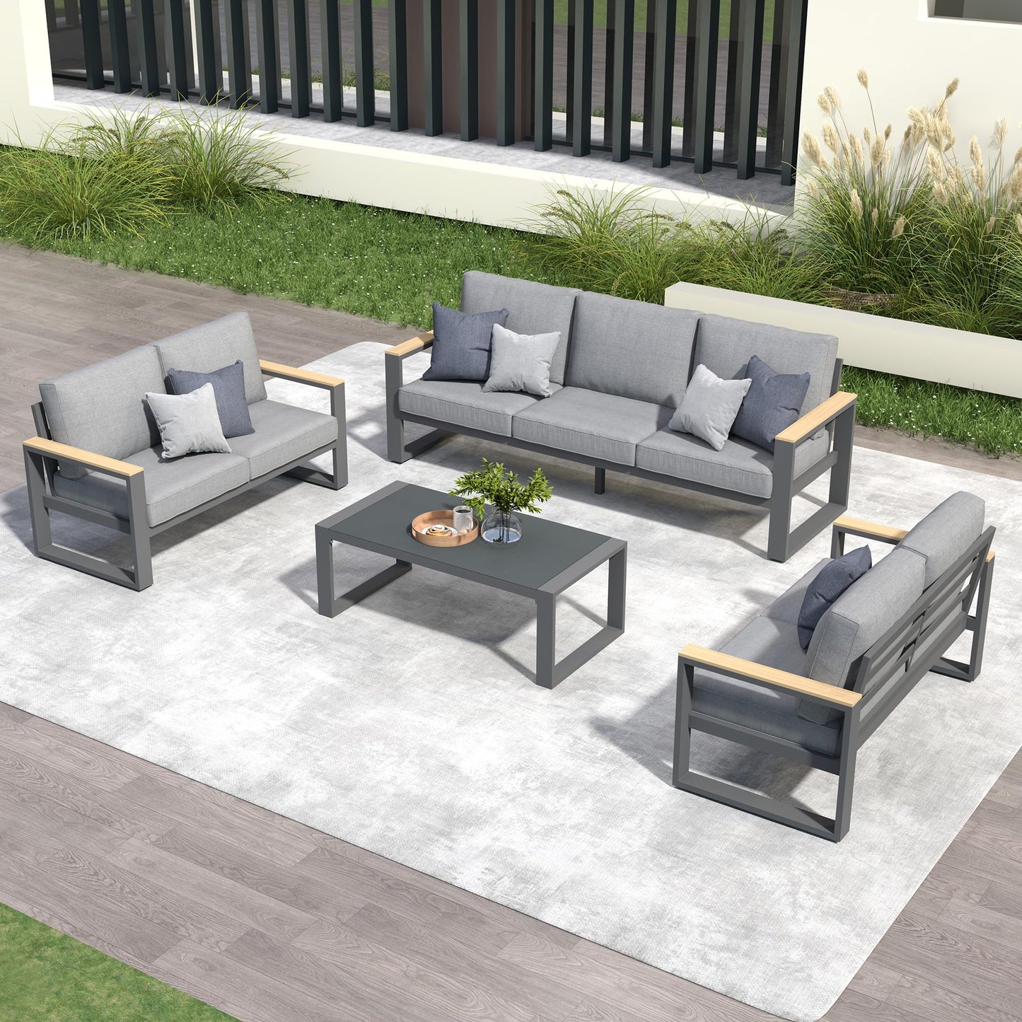 Aluminum Outdoor Patio Furniture Set with Height-adjustable Footrest for Lawn Porches Patio, 7-Seats All-weather Patio Sofa Sets with Coffee Table, Modern Outdoor Patio Conversation set, Grey