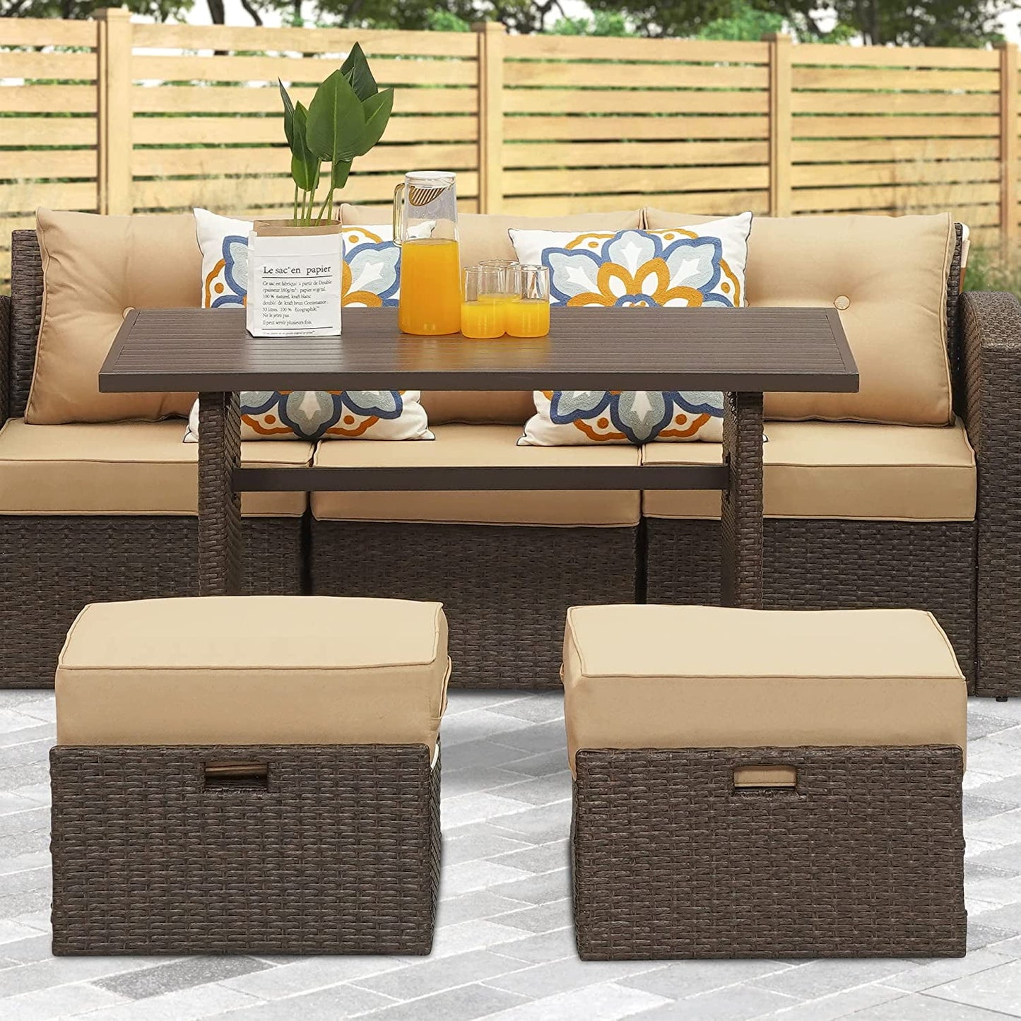 Royalcraft Outdoor Wicker Dining Table, Rectangle Rattan Patio Furniture Dining Table with Aluminum Top, Brown