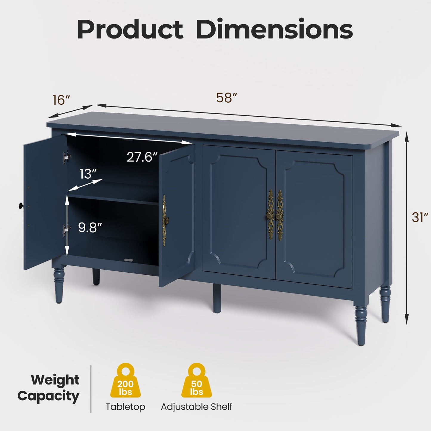 May in Color 58" Wood Buffet Cabinet, Mid-Century Modern Console Cabinet, with 4 Door & Media Storage, for Entryway, Living Room, Dining Room, Bedroom, Blue