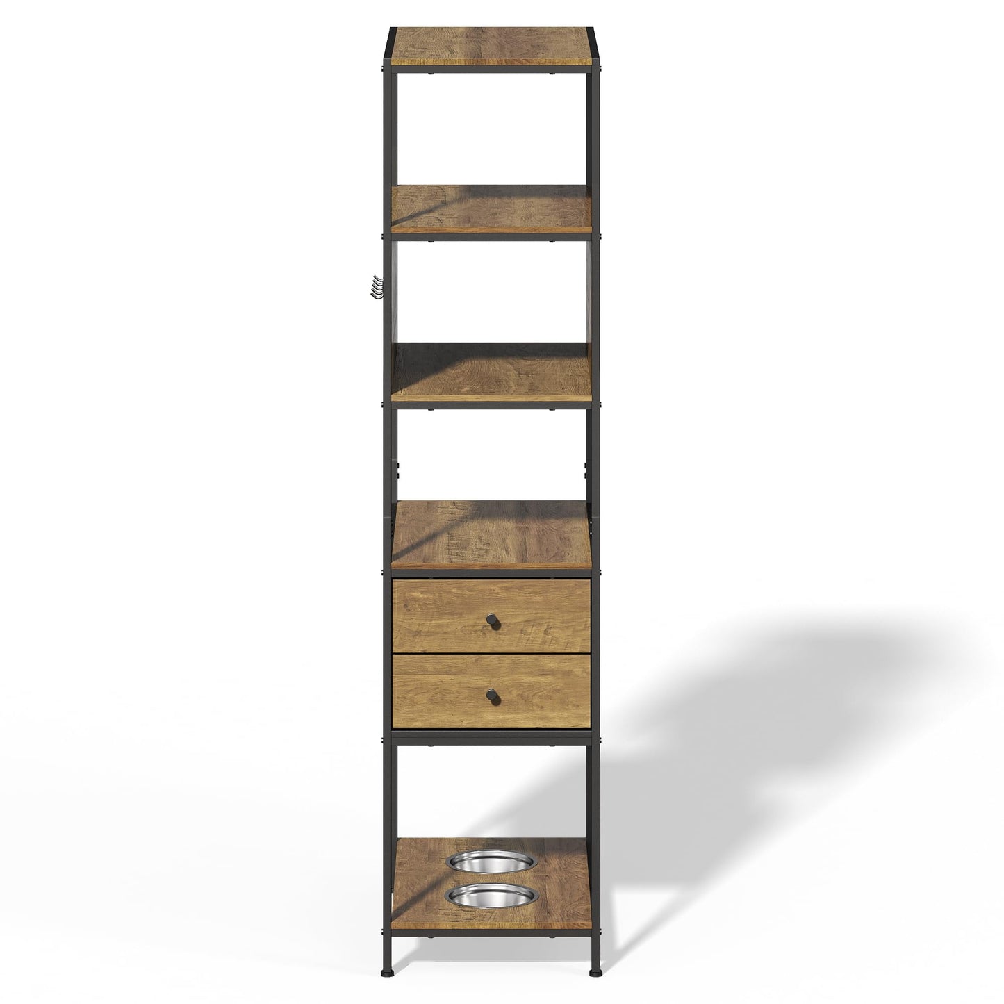 CozyHome Industrial Bookshelf, Standing Display Shelf with 2 Dog Bowls, Metal and Wood Bookshelf, Dog Feeder Station with Shelves, Brown