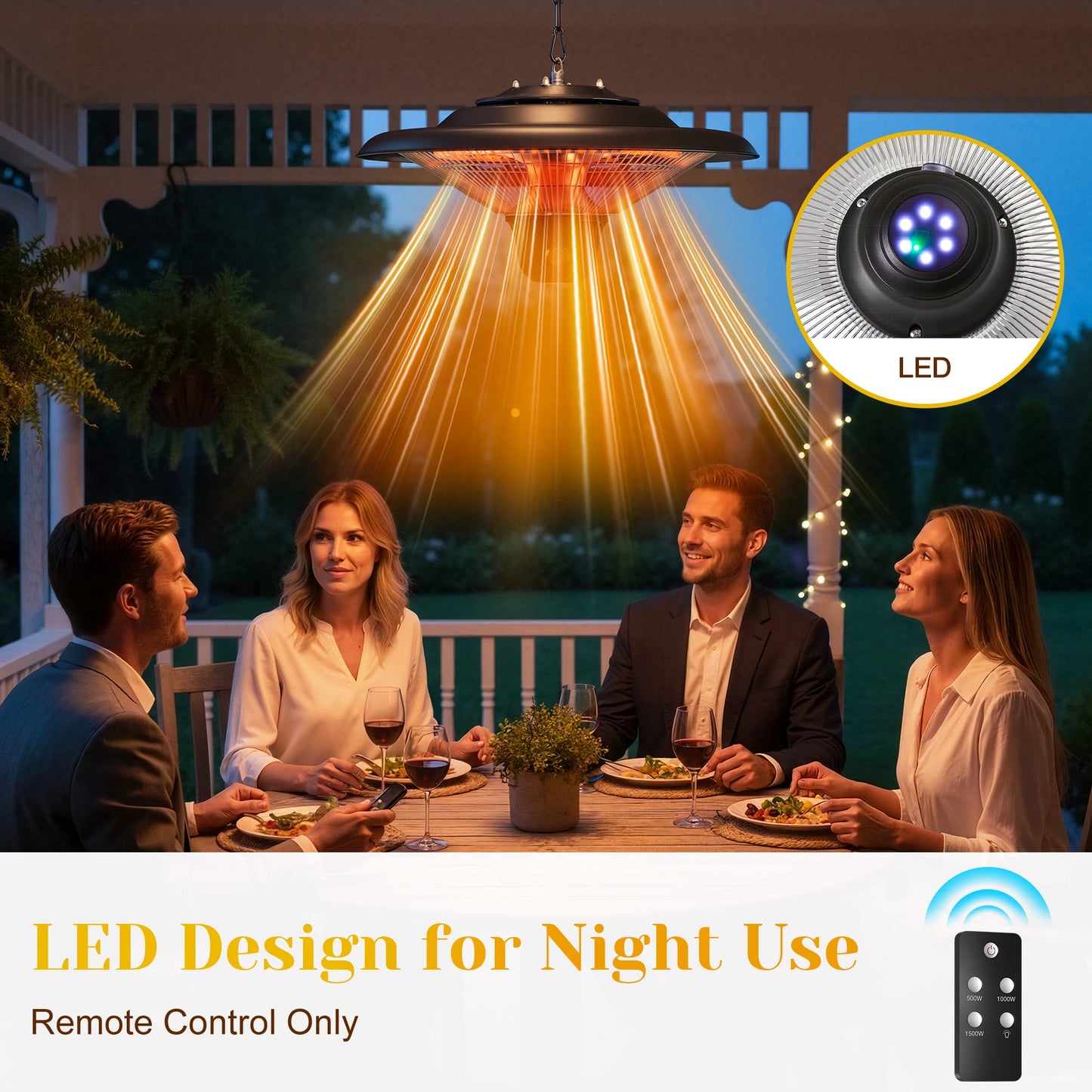 May in Color 1500W Outdoor Hanging Heater, Electric Infrared Hanging Heater, Waterproof Ceiling Heater with 3 Adjustable Modes, Ideal for Porch, Garage, Balcony, Black