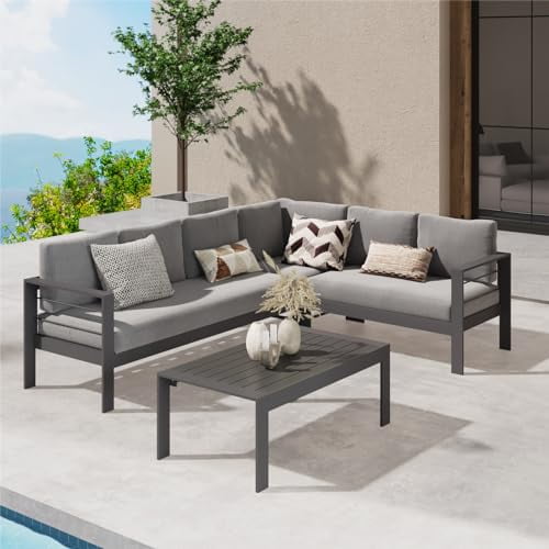 Mayincolor Patio Furniture Set, Outdoor Aluminum Sectional Sofa Couch with Coffe Table, All-Weather Metal Conversation Set with Upgraded Dark Grey Cushion