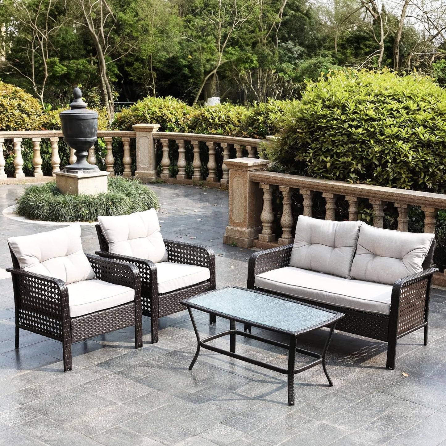 CozyHom 4-Piece Patio Furniture Set, Outdoor Rattan Chair Wicker Conversation Sets with Cushions and Glass Coffee Table, for Porch Balcony Garden Backyard Deck
