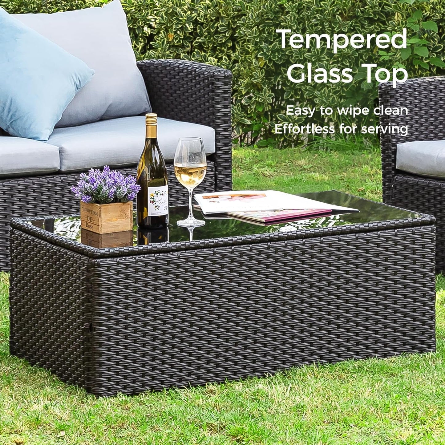 Royalcraft 9 Pieces Patio Furniture Set, All Weather PE Wicker Rattan Outdoor Sectional Sofa with Coffee Table and Navy Blue Cushion, Outdoor Furniture for Lawn Backyard Poolside Porch