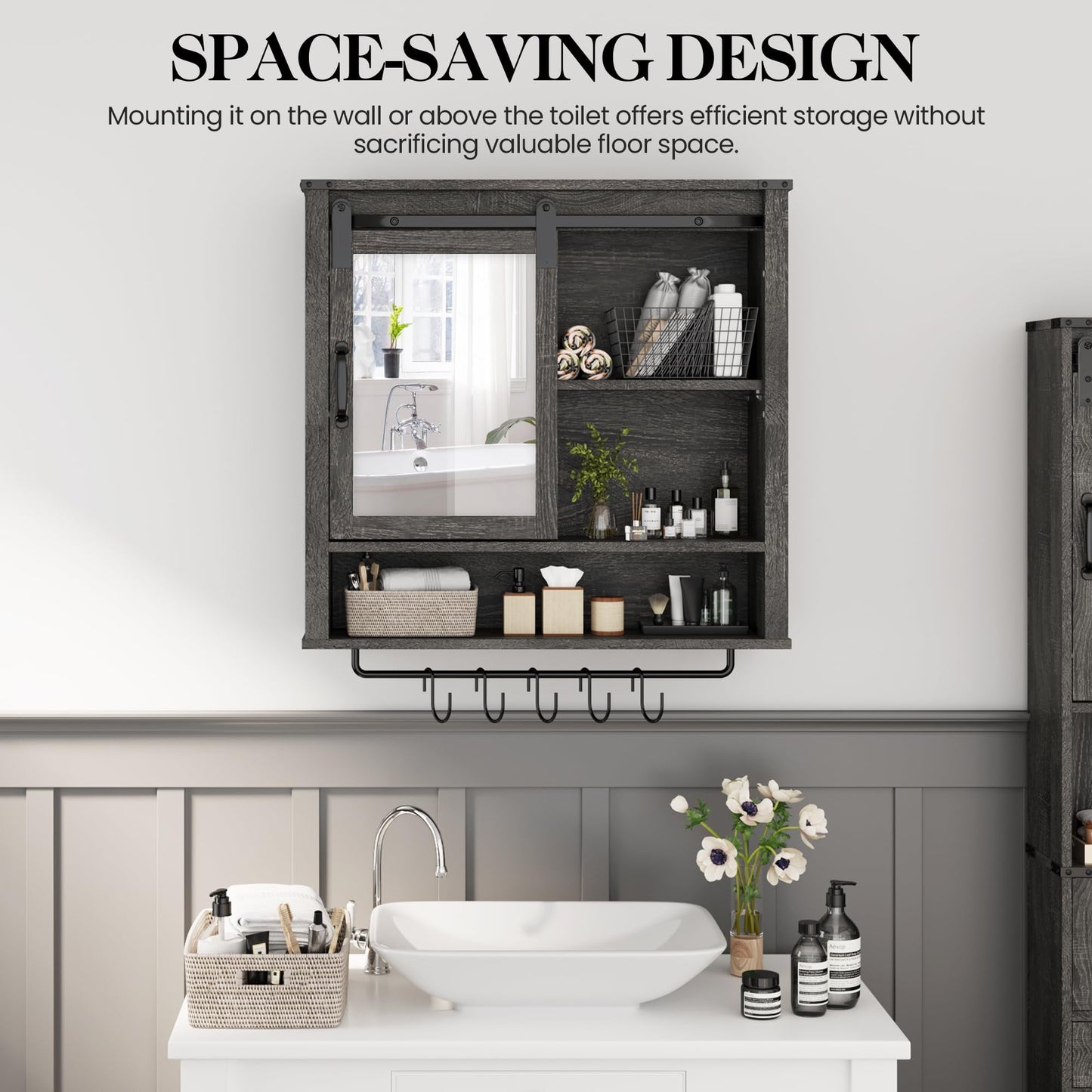 RoyalCraft 28in Bathroom Cabinet Wall Mount with Sliding Mirror Door, Over The Toilet Storage Cabinet, Farmhouse Medicine Cabinet with Shelves and Towel Bar for Living Room, 28" W x 29" H, Dark Grey