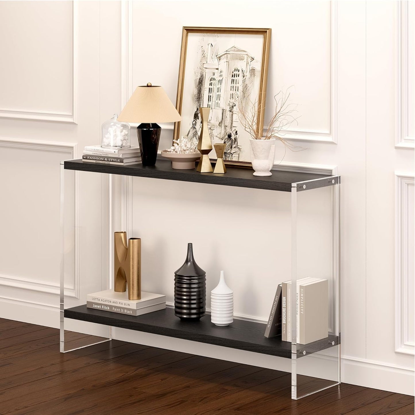 Acrylic Console Table, 47.24" Modern Entryway Table with Storage Shelf, Clear Acrylic Doorway Table, 2-Tier Sofa Table for Living Room, Bedroom, Hallway, and Dining Room (Black)