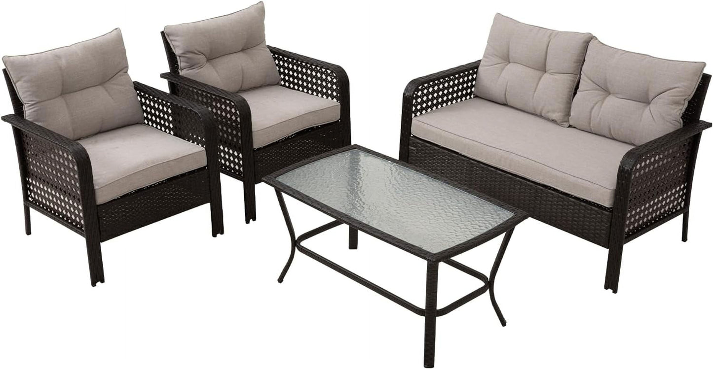 CozyHom 4-Piece Patio Furniture Set, Outdoor Rattan Chair Wicker Conversation Sets with Cushions and Glass Coffee Table, for Porch Balcony Garden Backyard Deck