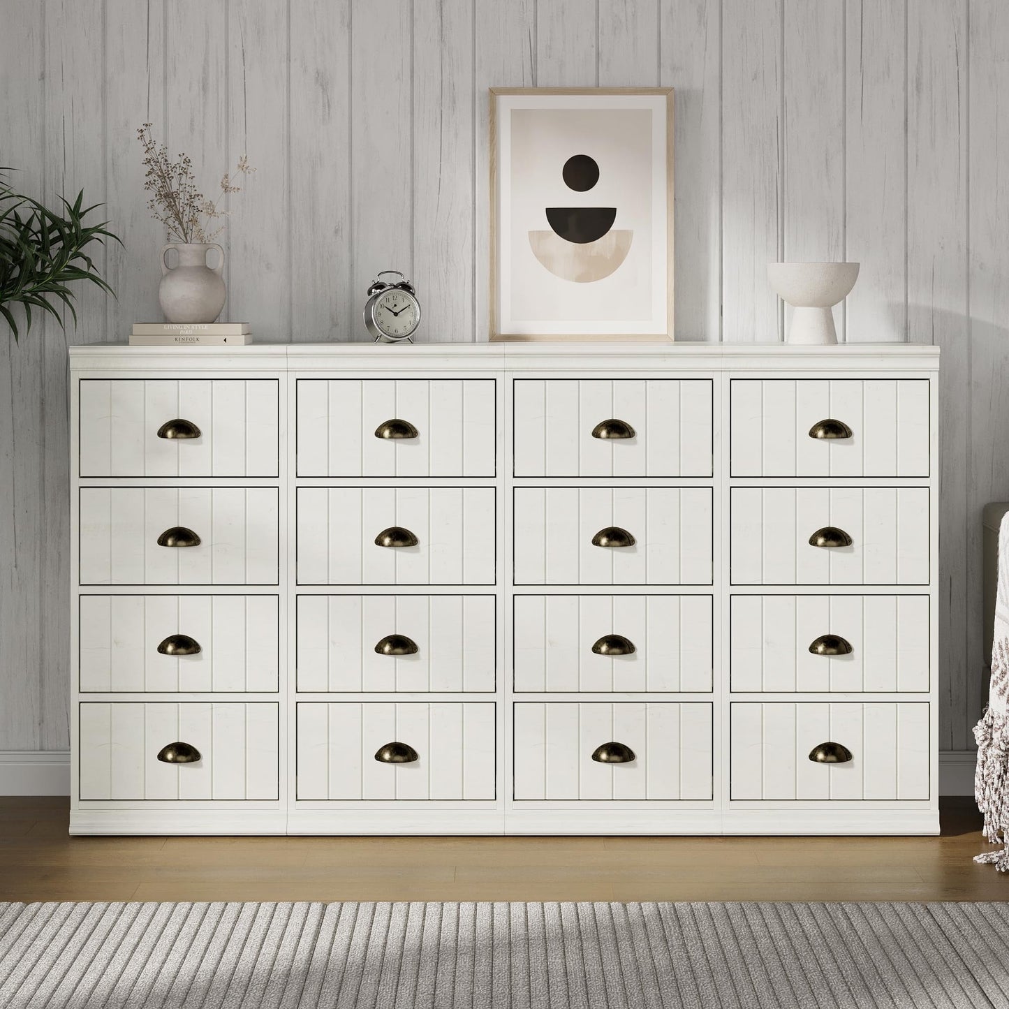 CozyHome Fluted Dresser Set of 4, White 4 Drawer Dresser with Bronze Metal Handles, Modern Dresser Organizer with Soft-Close Drawers, Chest of Drawers for Bedroom, Living Room, Entryway