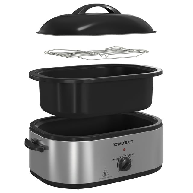 RoyalCraft 24 Quart Electric Roaster Oven with Visible & Self-Basting Lid, Stainless Steel, White
