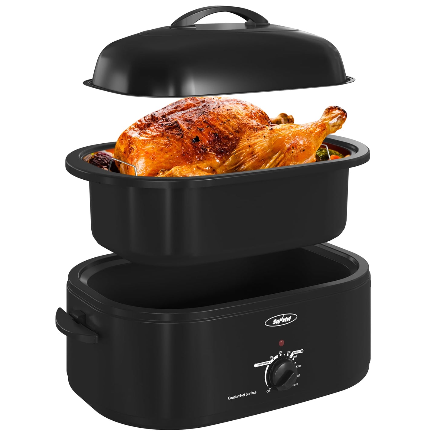 RoyalCraft 24 Quart Electric Roaster Oven with Visible & Self-Basting Lid, Stainless Steel, White
