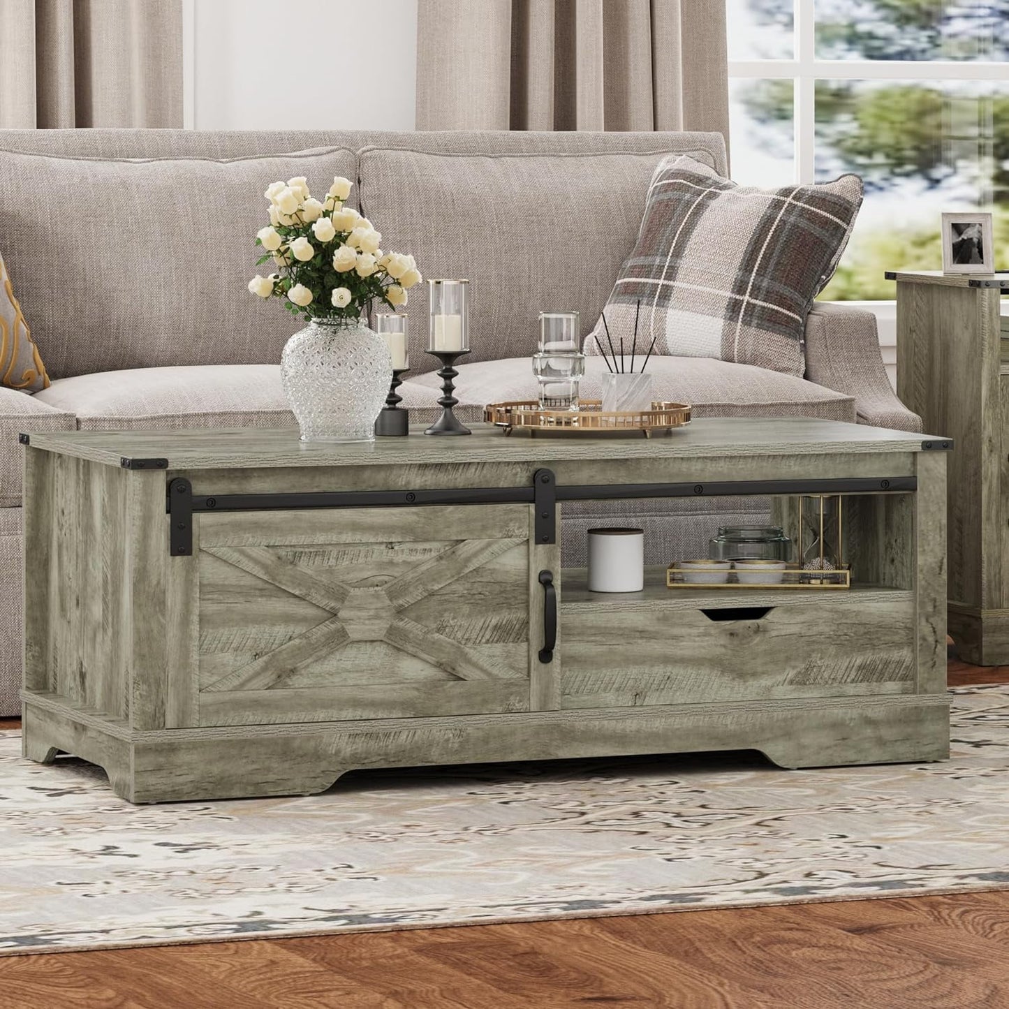 Farmhouse Coffee Table with Storage and Sliding Barn Door, 48'' Rustic Living Room Table , Rectangular Center Table , Rustic Dark Grey