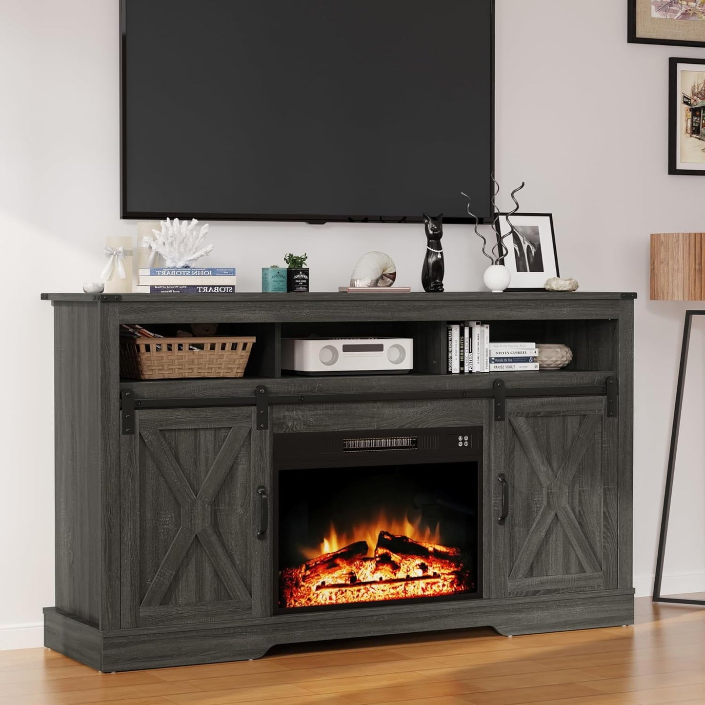 RoyalCraft Fireplace TV Stand for 65+ inch TV, Farmhouse Entertainment Center with 23" Electric Fireplace with Remote, Modern Rustic TV Console with Sliding Bar Door for Living Room, Antique White