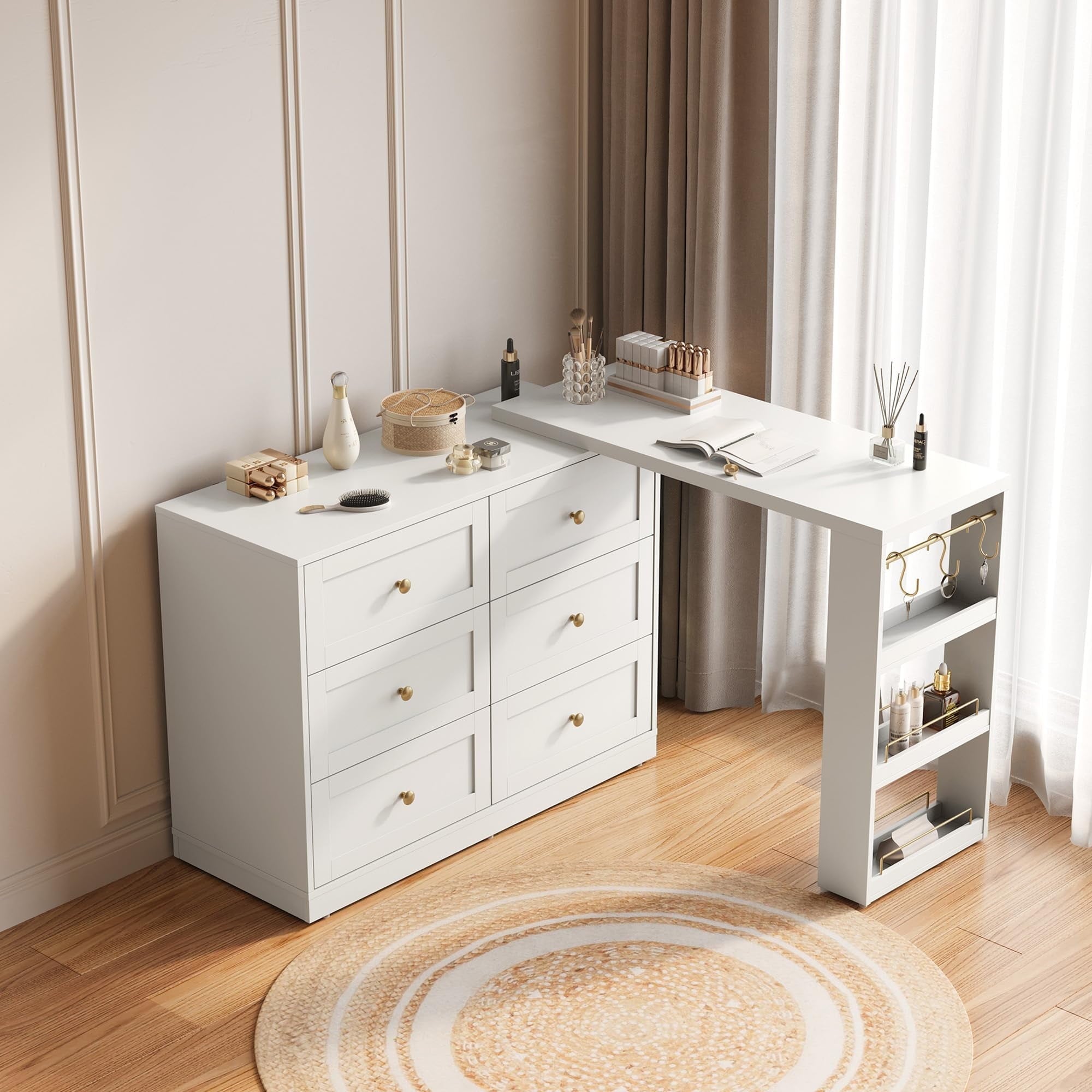 Heynemo Extendable Makeup Vanity Desk with 3 Side Shelves, L-Shaped V