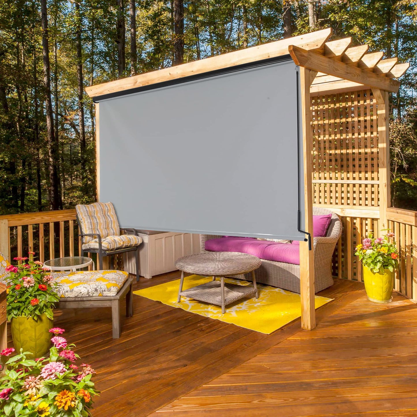 Royalcraft Cordless Outdoor Roller Sun Shade with Pole,6'Wx6'H 420GSM 95% Blockout Waterproof Outdoor Blinds Roll Up for Gazebo Porch, Deck, Pergola,Brown