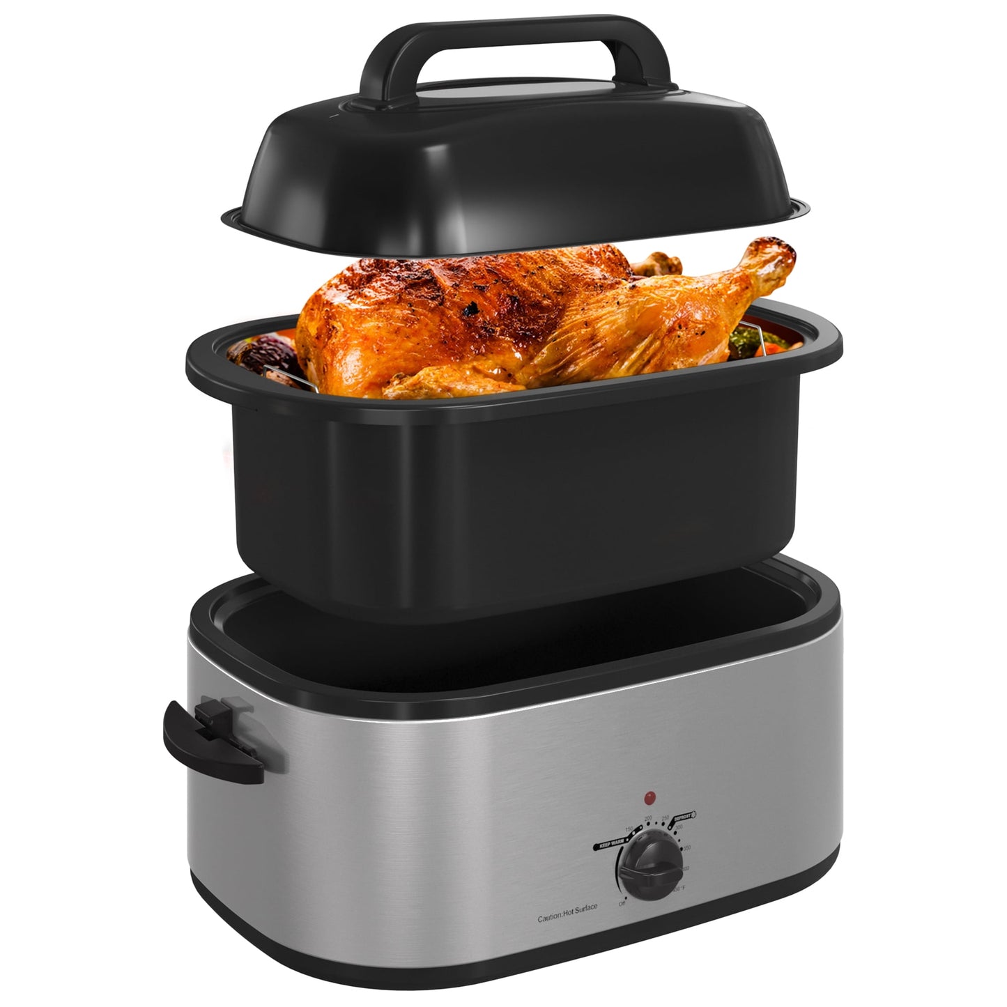RoyalCraft 24 Quart Electric Roaster Oven with Visible & Self-Basting Lid, Stainless Steel, White
