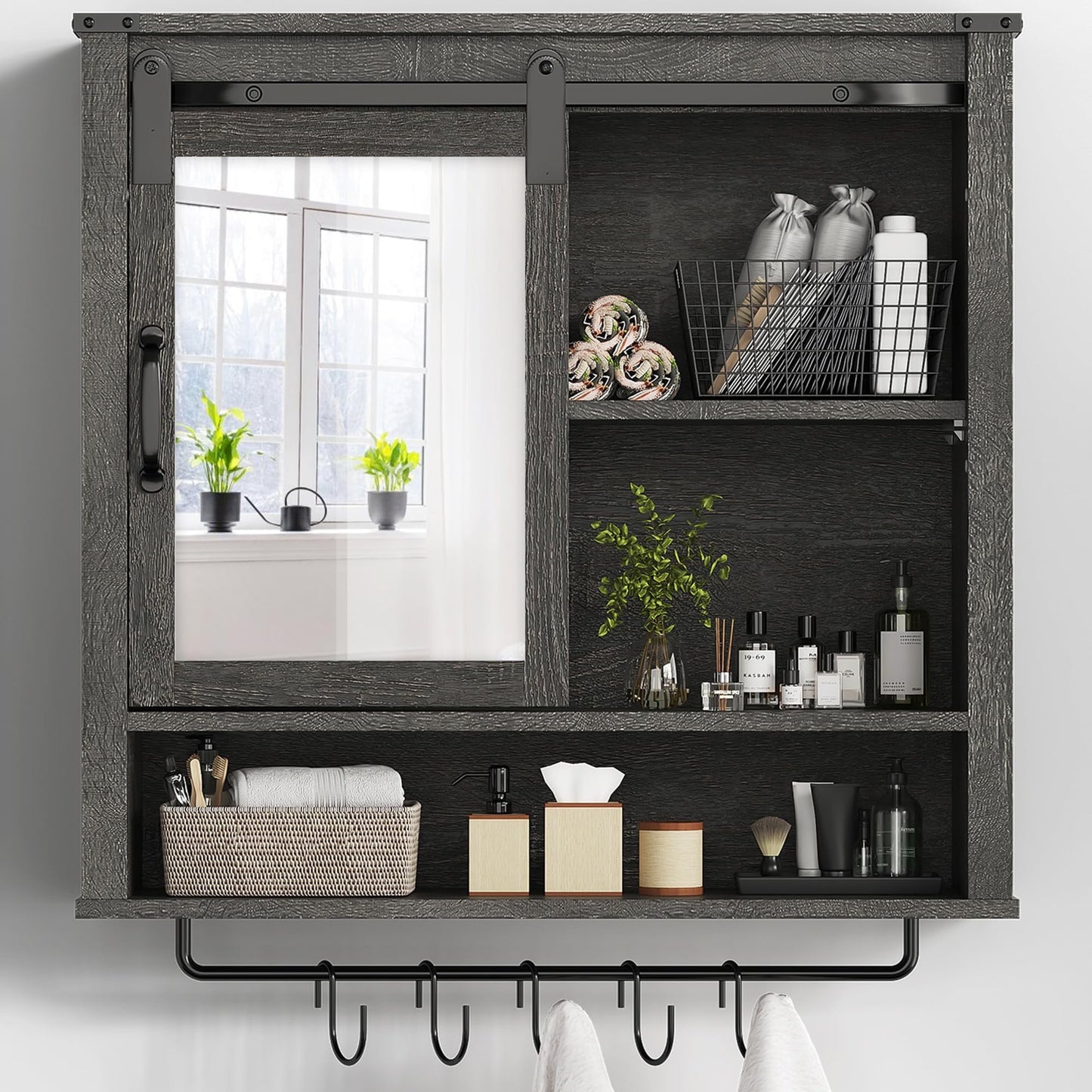 RoyalCraft 28in Bathroom Cabinet Wall Mount with Sliding Mirror Door, Over The Toilet Storage Cabinet, Farmhouse Medicine Cabinet with Shelves and Towel Bar for Living Room, 28" W x 29" H, Dark Grey