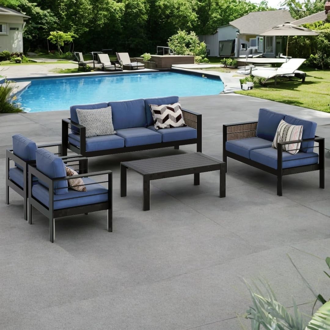 RoyalCraft Aluminum Outdoor Patio Furniture Set, Modern Patio Conversation Sets, Outdoor Sectional Metal Sofa with 5 Inch Cushion and Coffee Table for Balcony, Garden, Blue