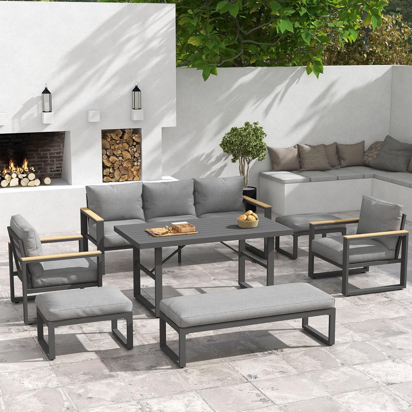 Royalcraft Aluminum Outdoor Coffee Table, All-Weather Metal Rectangular Patio Side Table with Tempered Glass Top, Patio Tables for Porch Backyard Garden, Grey