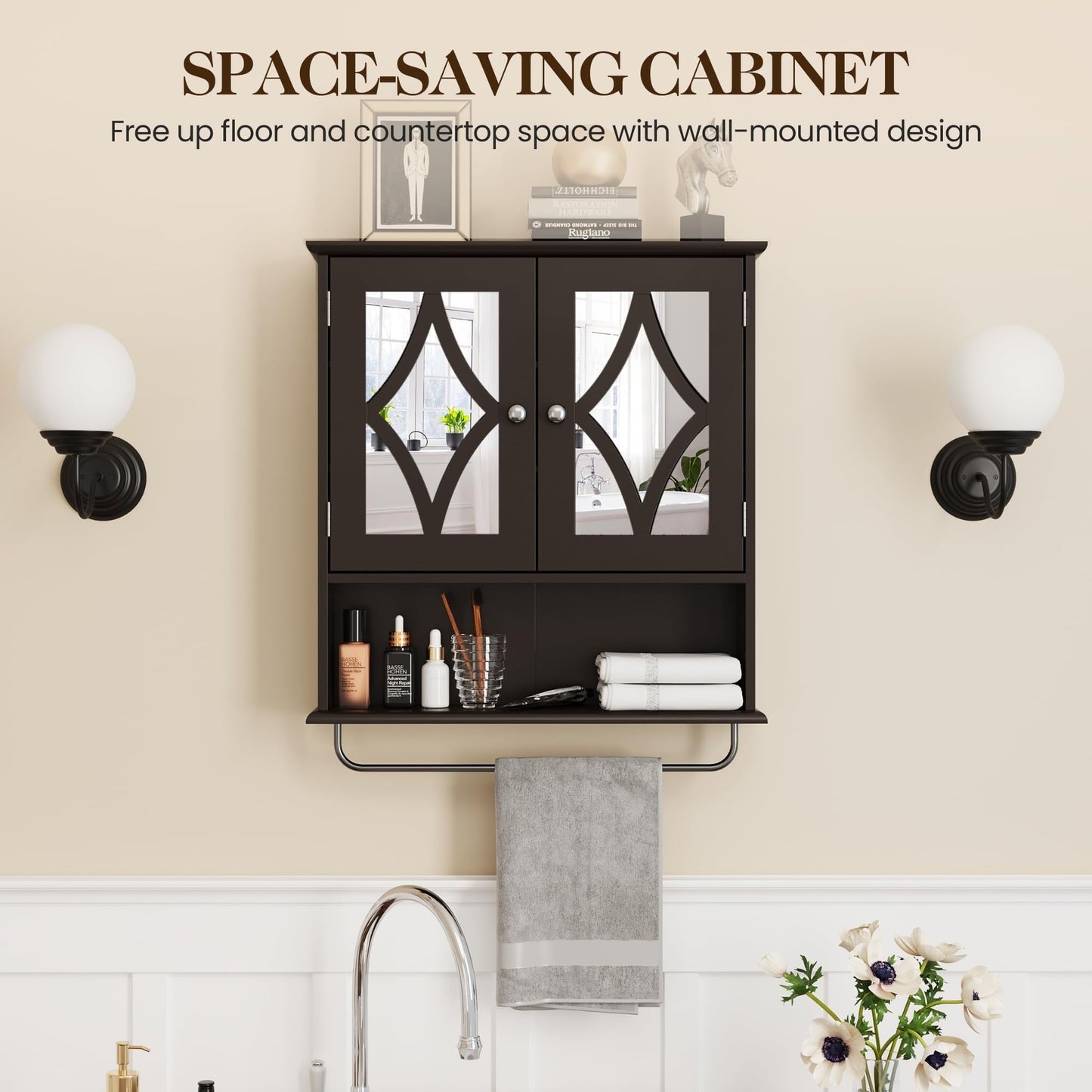 RoyalCraft Bathroom Medicine Cabinet with Mirror, Vanity Wall Mounted Storage Cabinet with Adjustable Shelves and Towel Bar, Hanging Wall Cabinet for Bathroom, Laundry, Living Room, Black