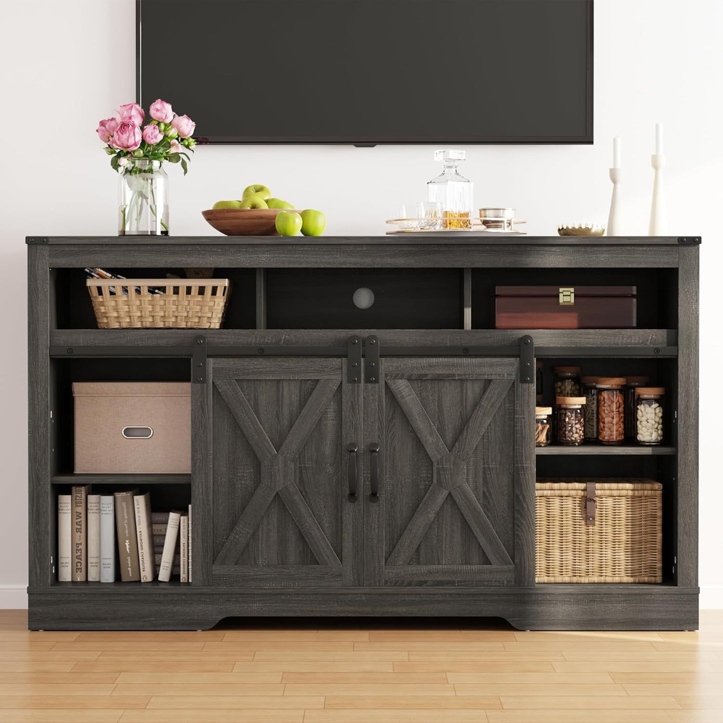RoyalCraft Farmhouse Fireplace TV Stand for 65+ Inch TV, Entertainment Center with 23" Electric Fireplace with Remote, Modern Rustic TV Console with Sliding Bar Door for Living Room