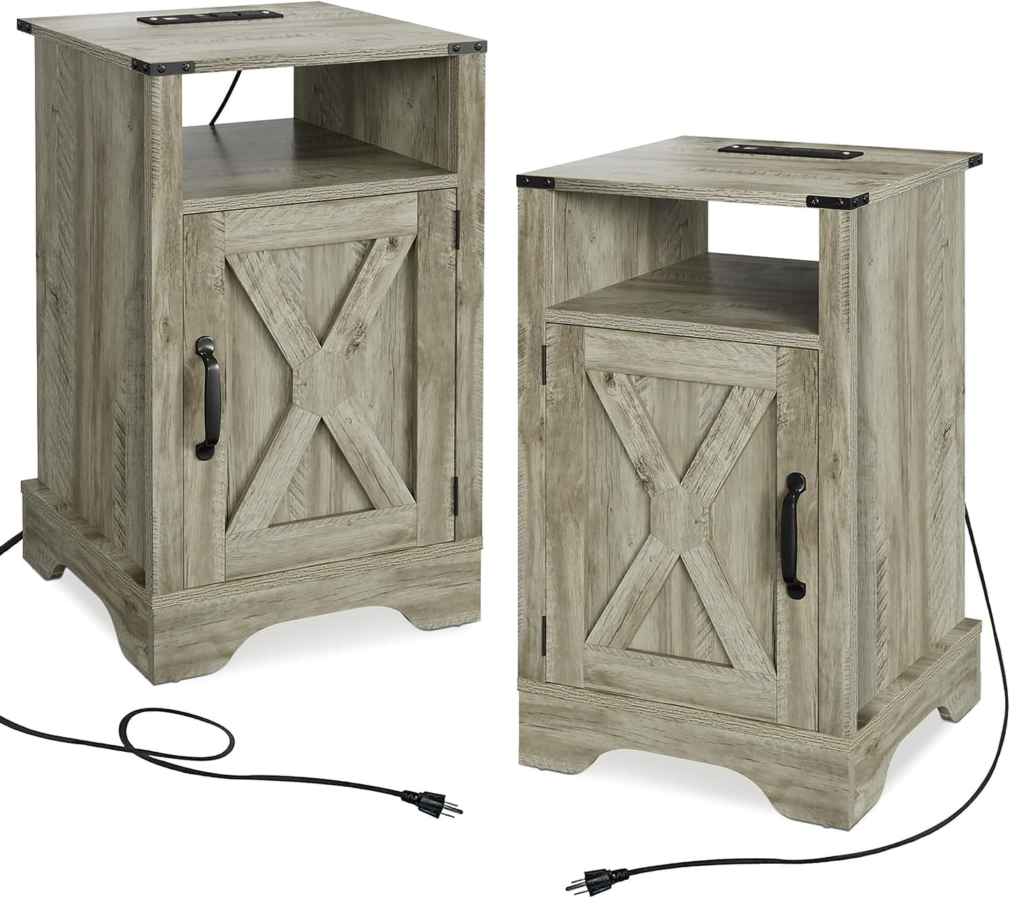 RoyalCraft Farmhouse Nightstand Set of 2, Tall Bedside Table with Charging Station, Wooden Rustic End Table with Large Storage Cabinets Room and Shelf for Bedroom, Living Room,Warm Grey farmhouse nightstand