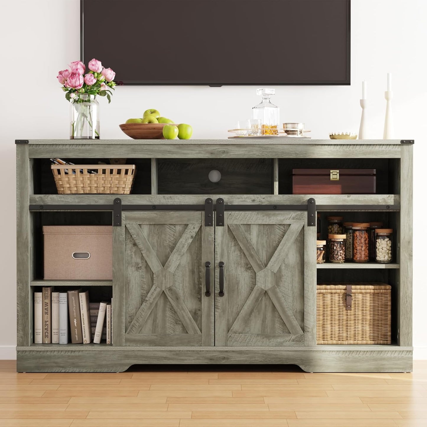 RoyalCraft Farmhouse Fireplace TV Stand for 65+ Inch TV, Entertainment Center with 23" Electric Fireplace with Remote, Modern Rustic TV Console with Sliding Bar Door for Living Room